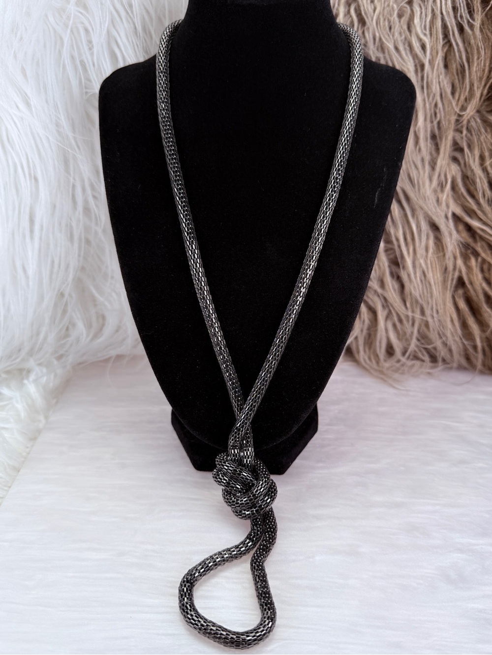 Vintage Gunmetal Mesh Knot Lariat Necklace Adjustable Statement